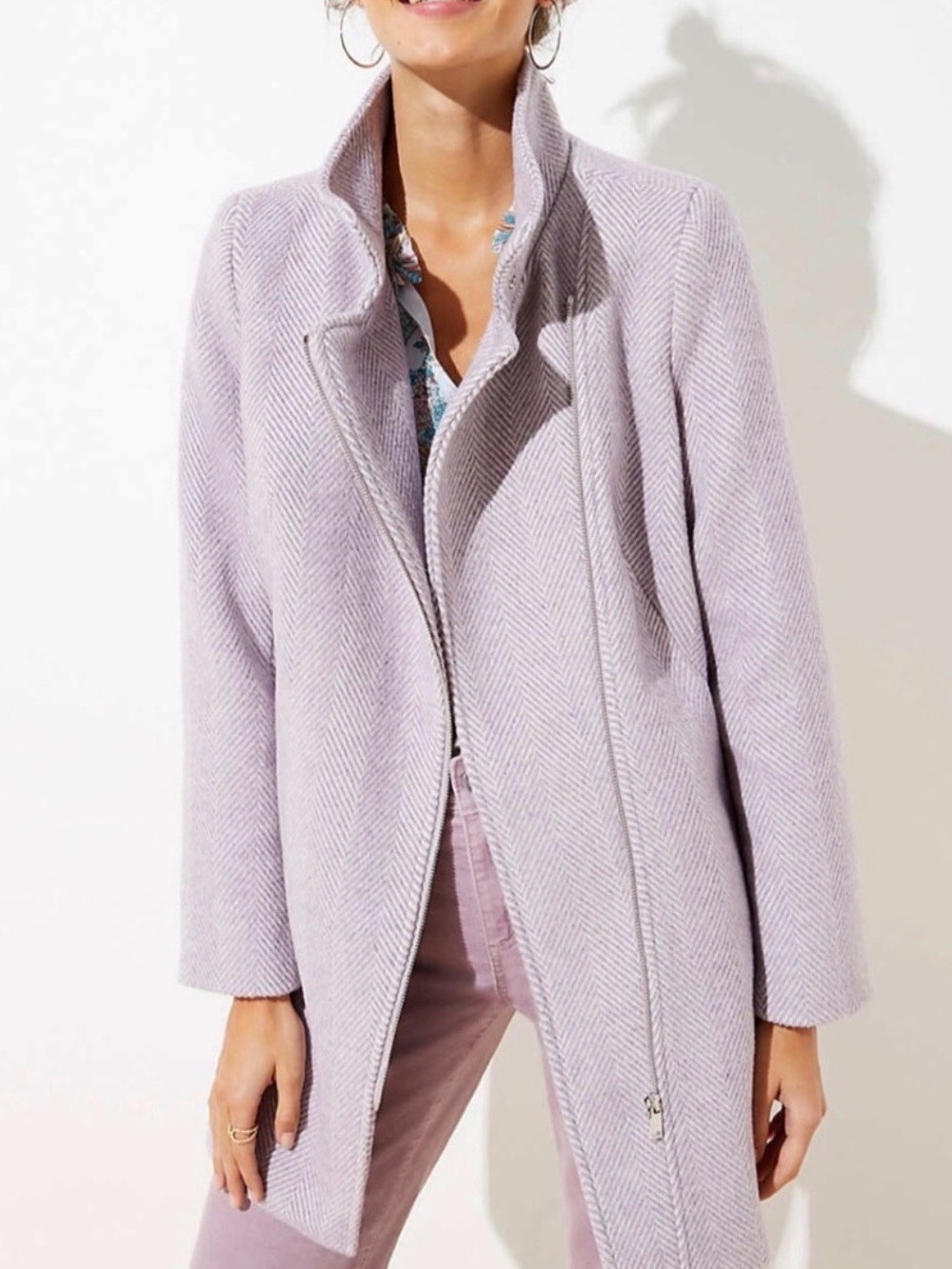 LOFT Herringbone Wool Blend Asymmetrical Zip Coat Women’s S – Gray Lavender